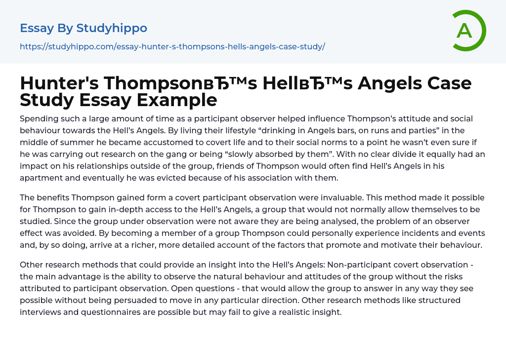 Hunter’s Thompson’s Hell’s Angels Case Study Essay Example