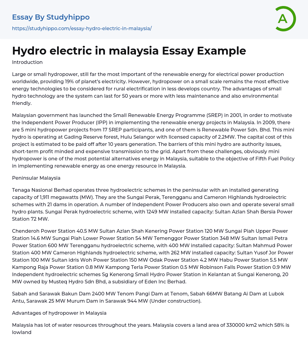 Hydro electric in malaysia Essay Example