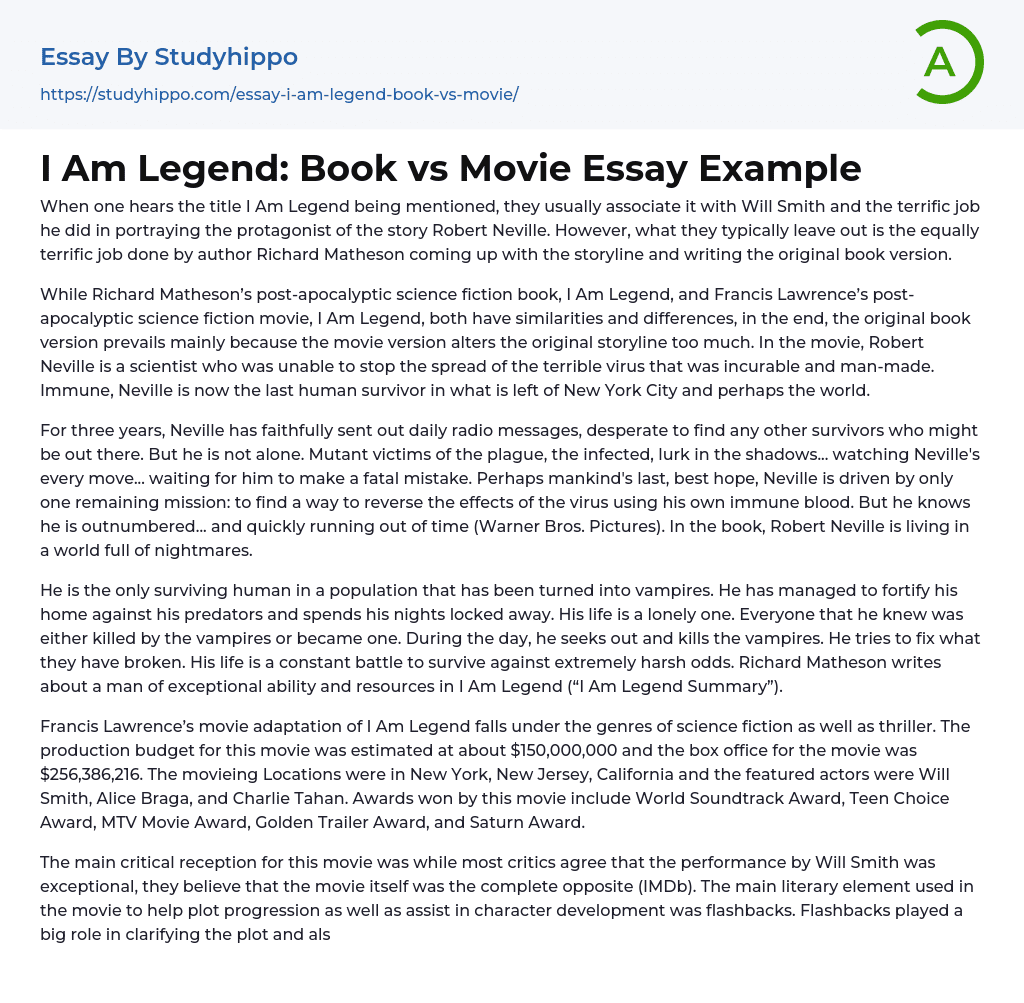 I Am Legend: Book vs Movie Essay Example