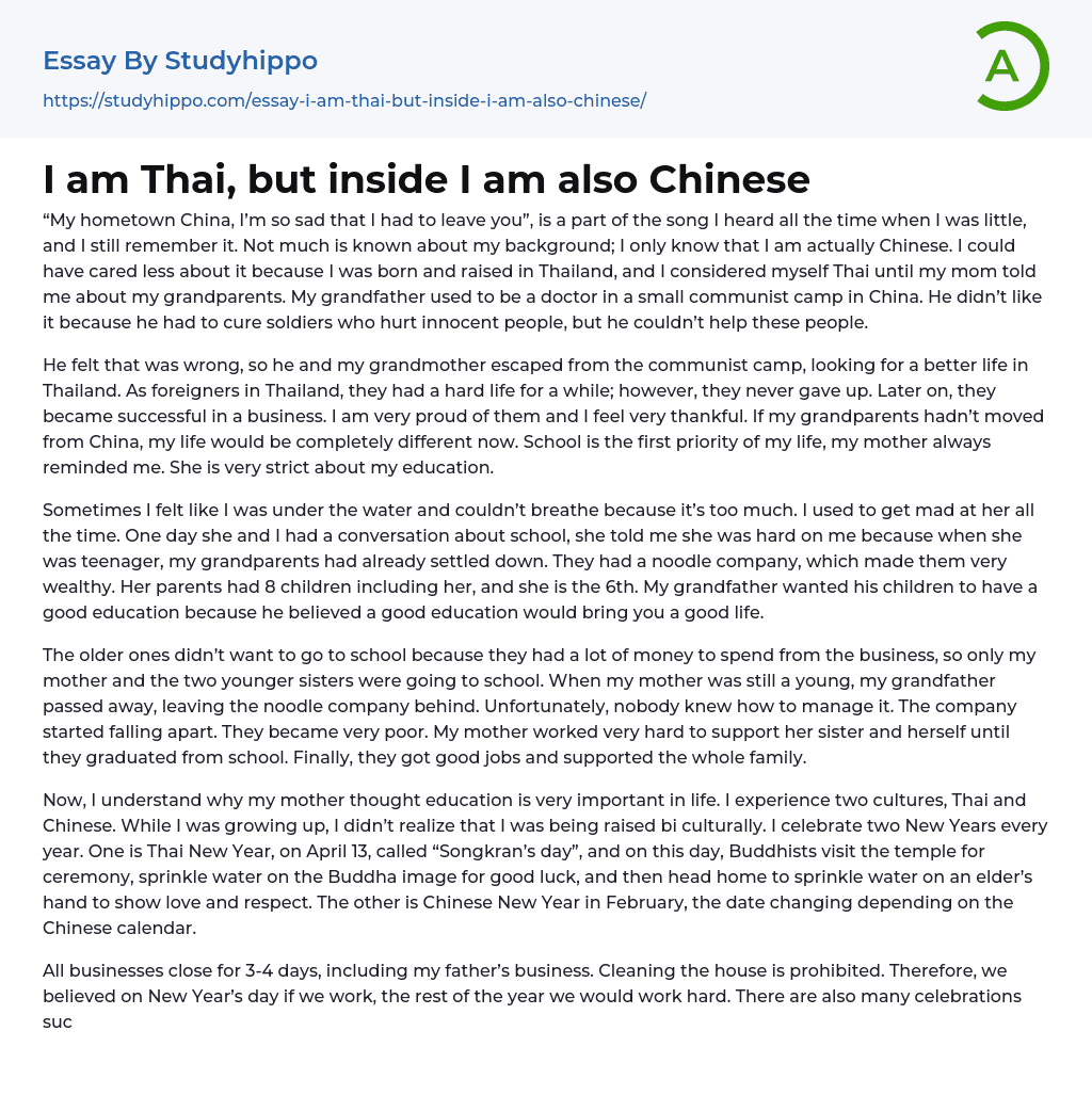 I am Thai, but inside I am also Chinese Essay Example