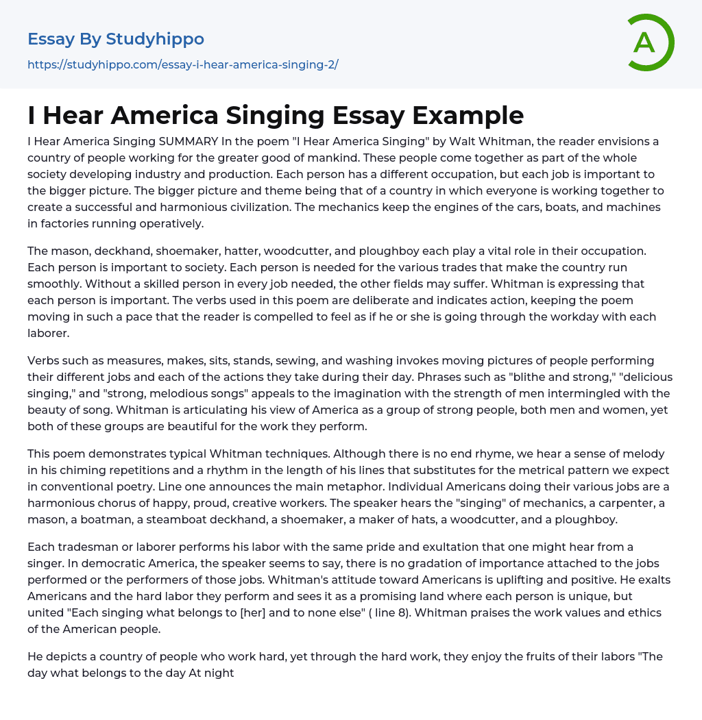 I Hear America Singing Essay Example