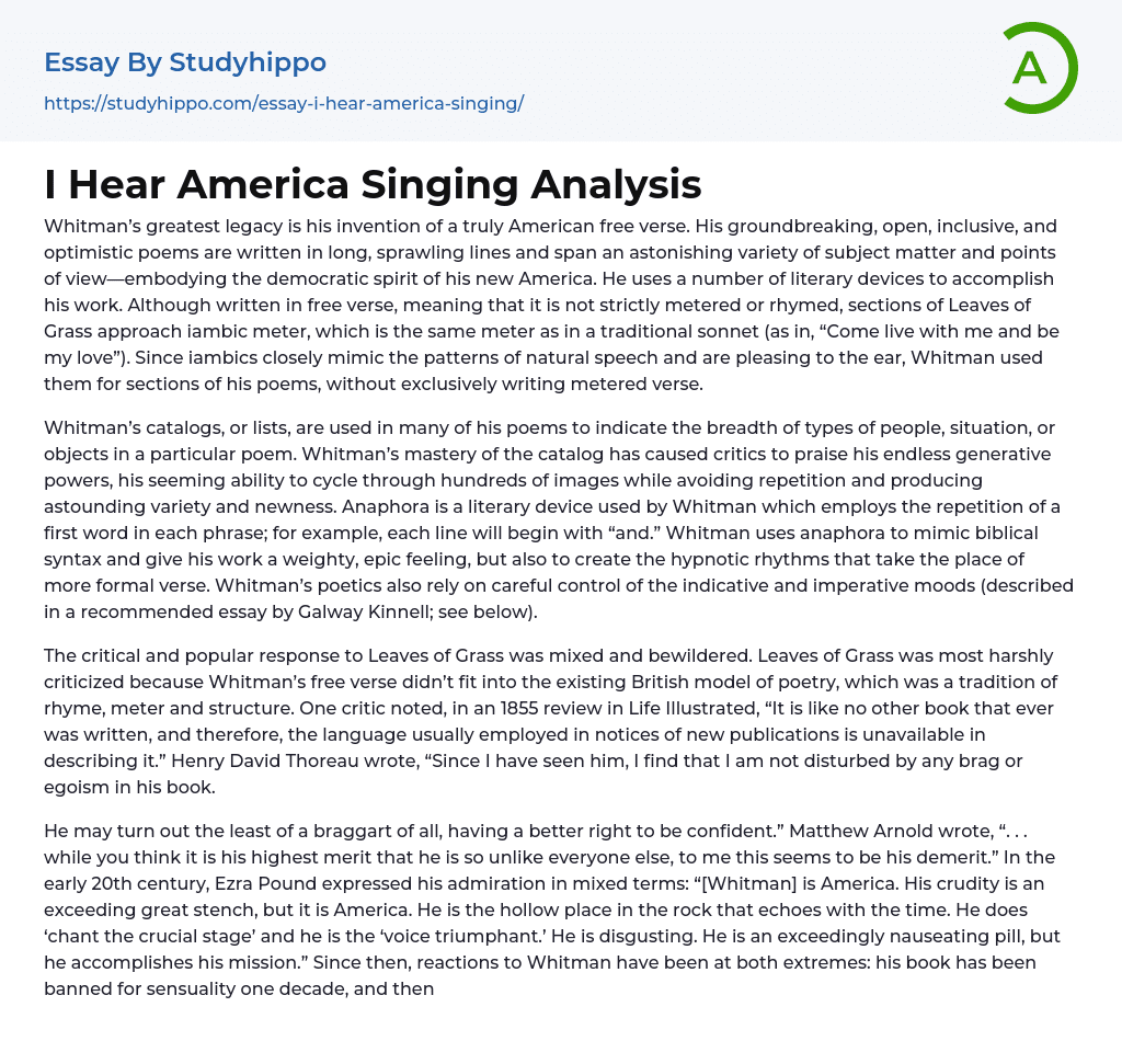 I Hear America Singing Analysis Essay Example