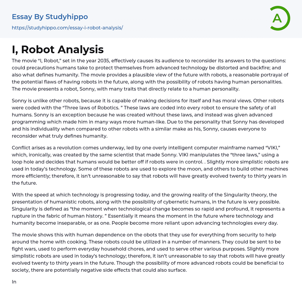 I, Robot Analysis Essay Example