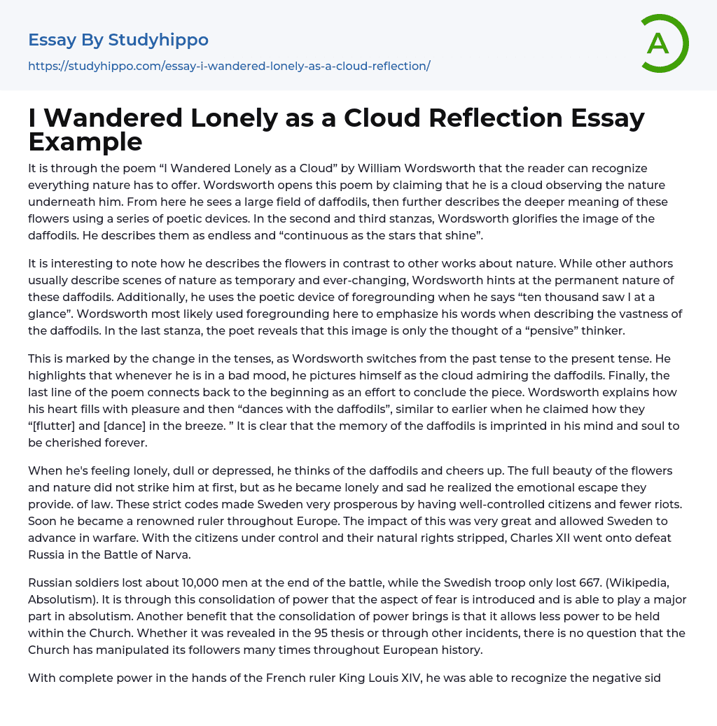 I Wandered Lonely as a Cloud Reflection Essay Example