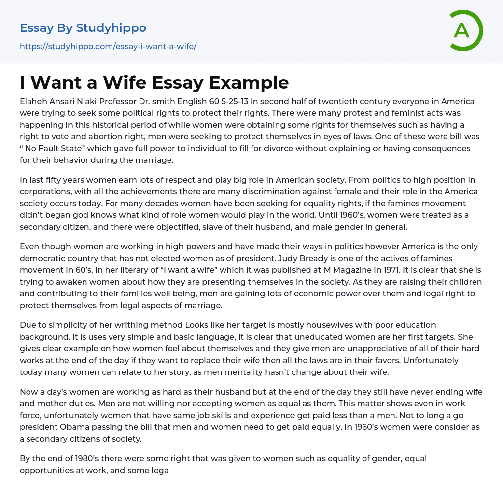 Rights and Law: I Want a Wife Essay Example