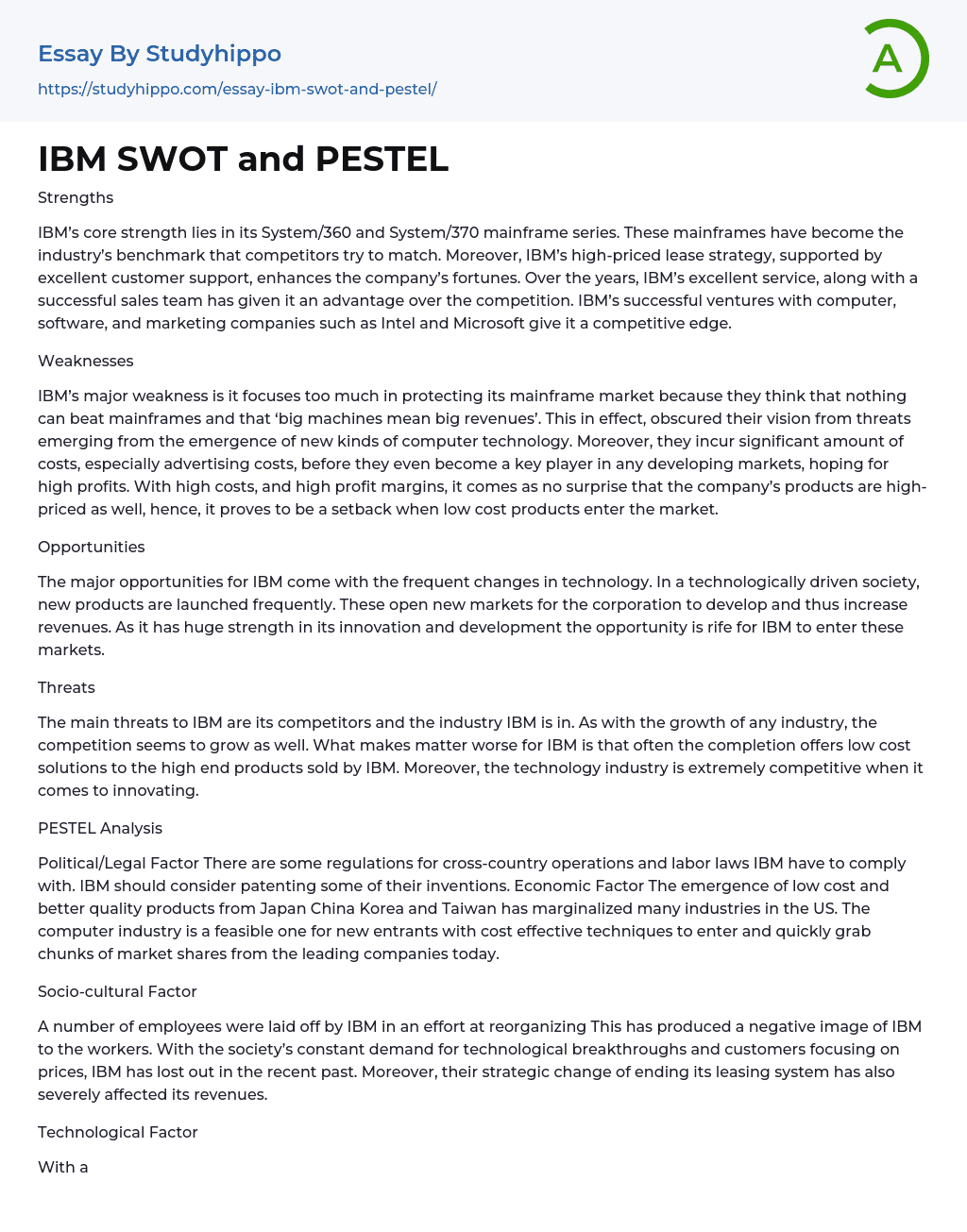 IBM SWOT and PESTEL Essay Example