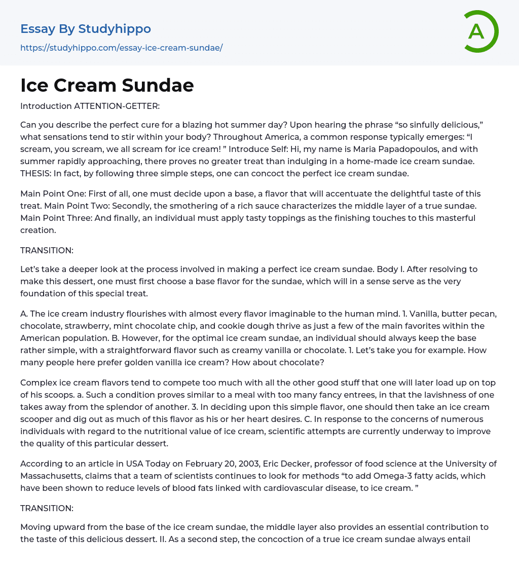Ice Cream Sundae Essay Example