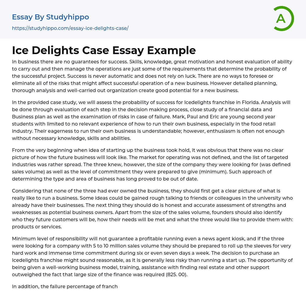 Ice Delights Case Essay Example