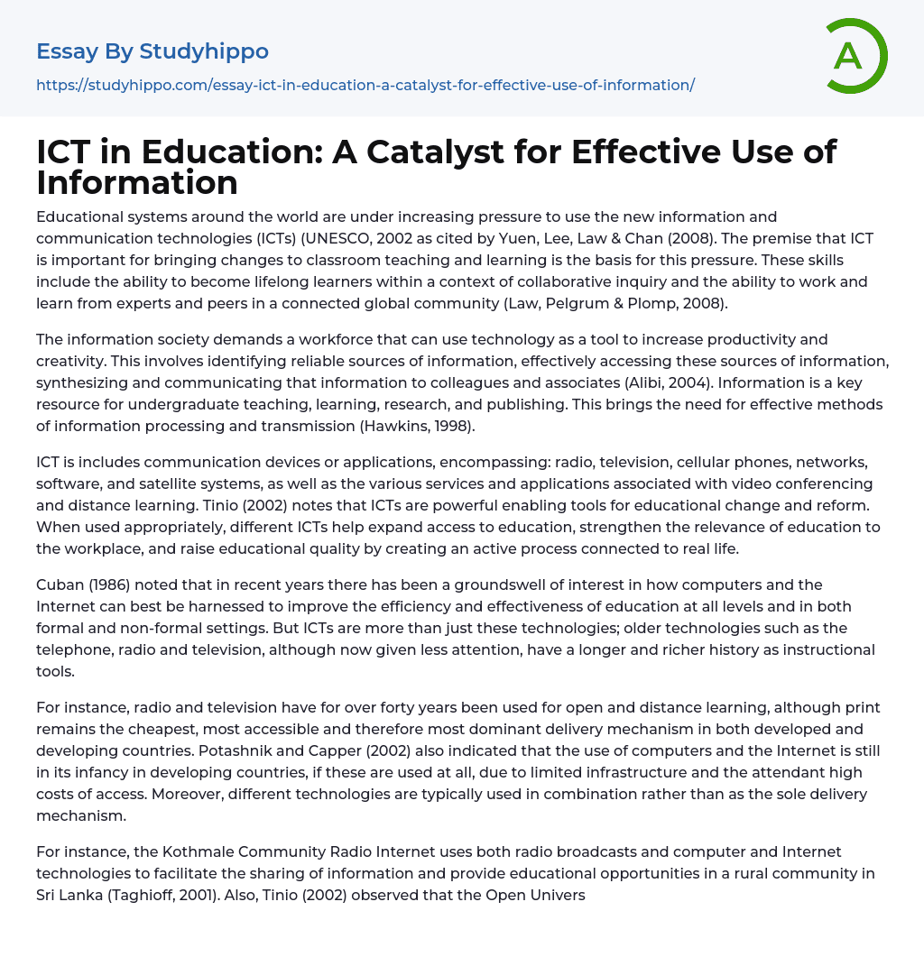 ICT in Education: A Catalyst for Effective Use of Information Essay Example
