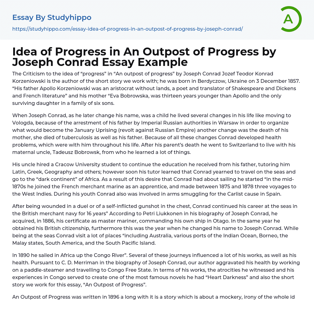 Idea of Progress in An Outpost of Progress by Joseph Conrad Essay Example