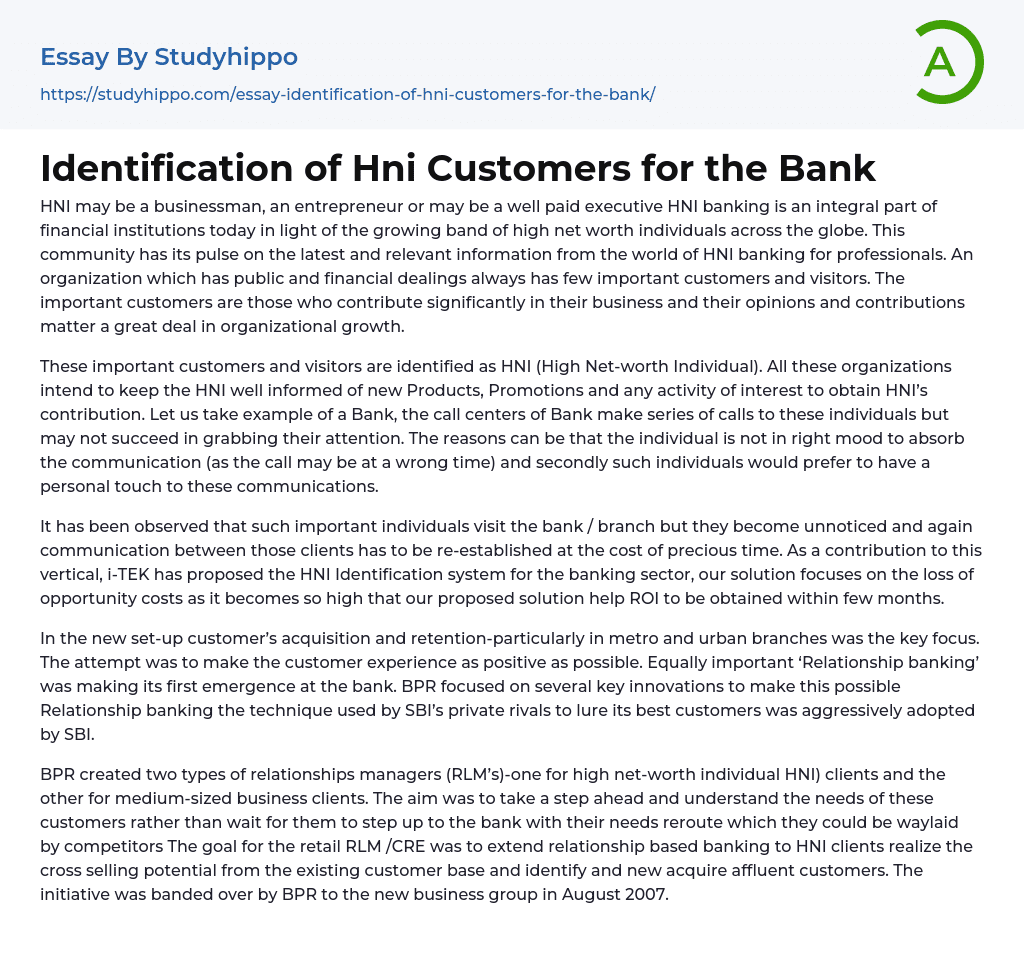 Identification of Hni Customers for the Bank Essay Example