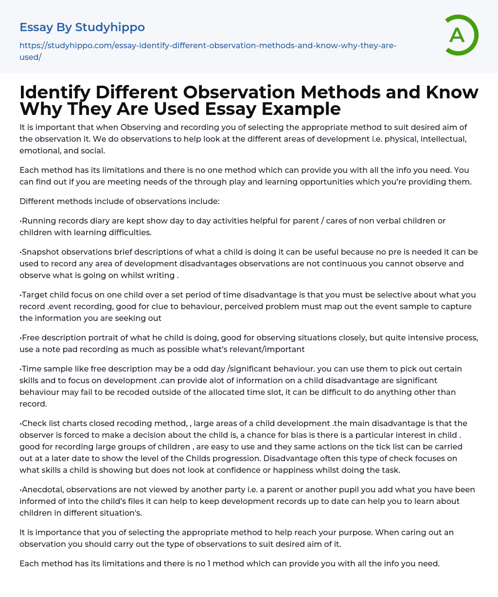 Identify Different Observation Methods and Know Why They Are Used Essay Example