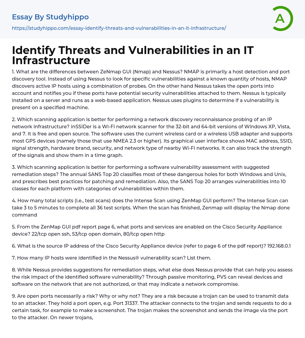 Identify Threats and Vulnerabilities in an IT Infrastructure Essay Example