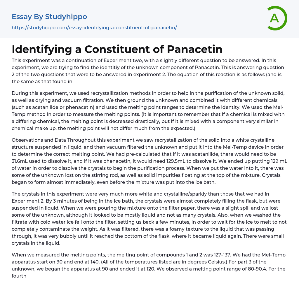 Identifying a Constituent of Panacetin Essay Example