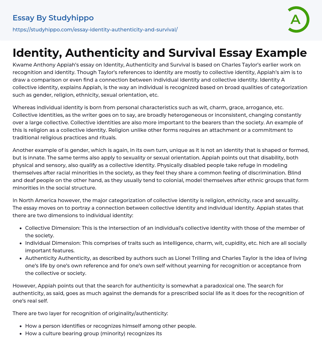 Identity, Authenticity and Survival Essay Example