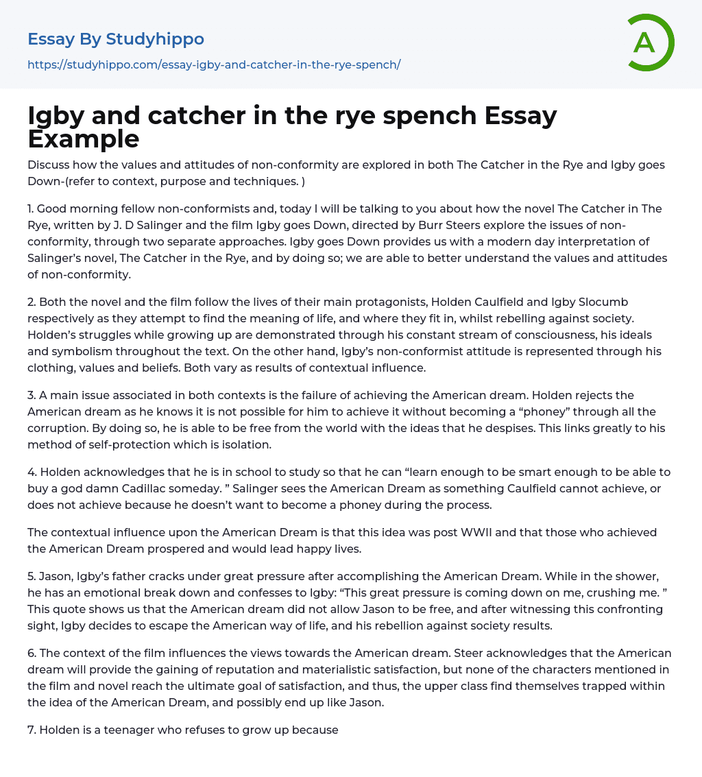 Igby and catcher in the rye spench Essay Example