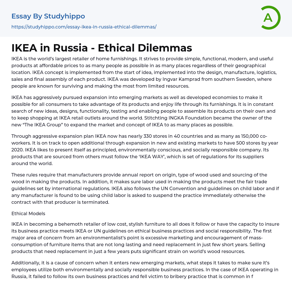 IKEA in Russia – Ethical Dilemmas Essay Example