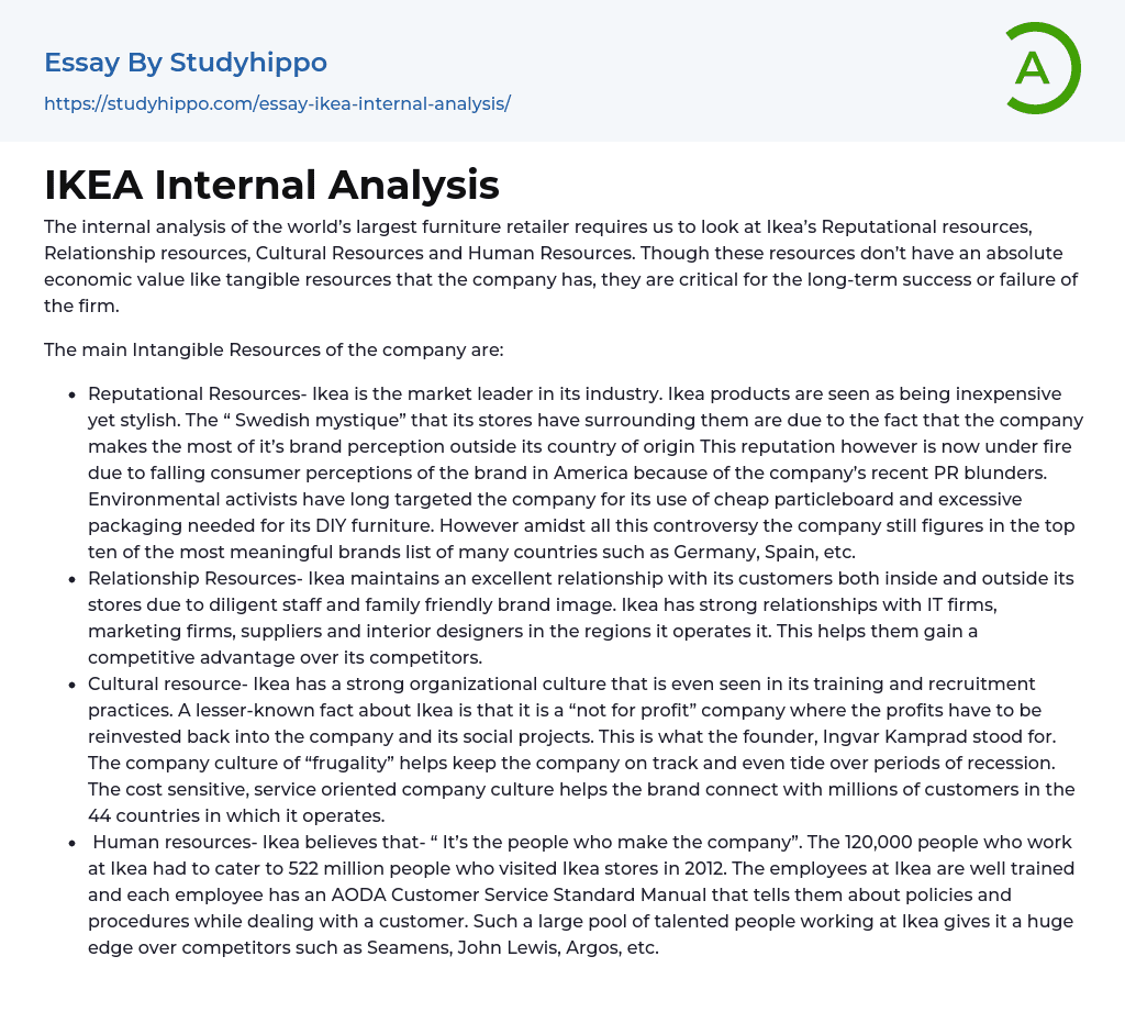 IKEA Internal Analysis Essay Example