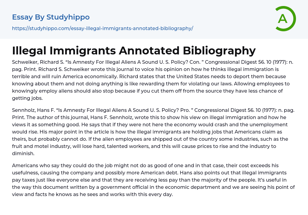 Illegal Immigrants Annotated Bibliography Essay Example