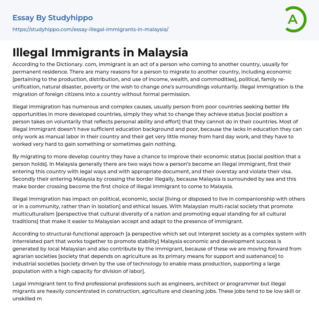 Illegal Immigrants in Malaysia Essay Example