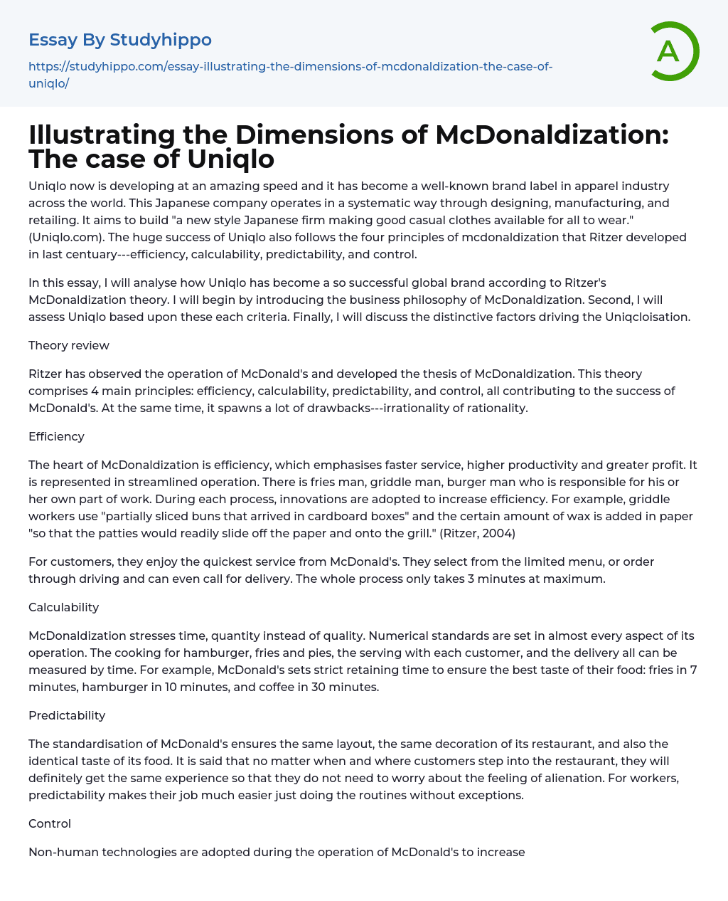 Illustrating the Dimensions of McDonaldization: The case of Uniqlo Essay Example