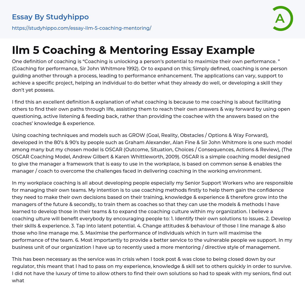 Ilm 5 Coaching & Mentoring Essay Example