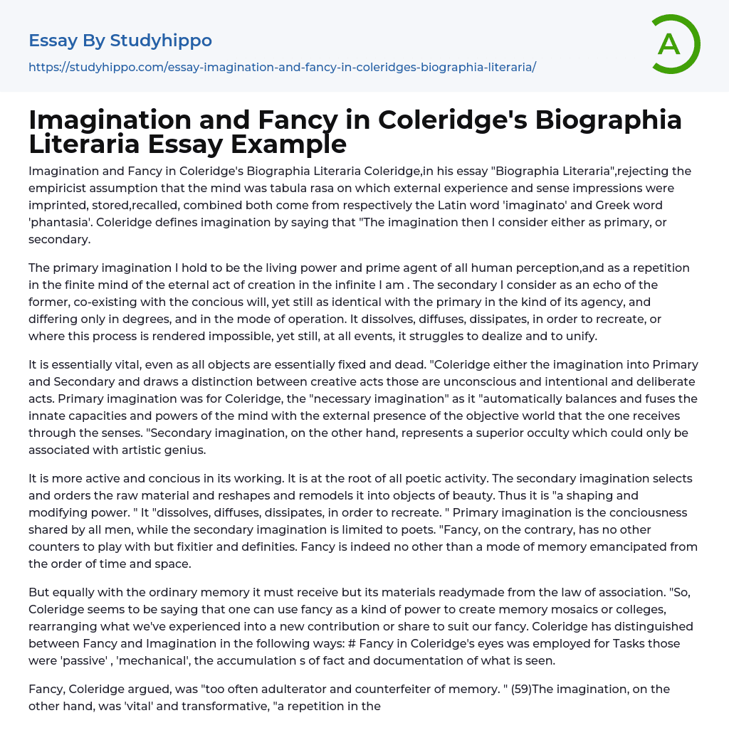 Imagination and Fancy in Coleridge’s Biographia Literaria Essay Example