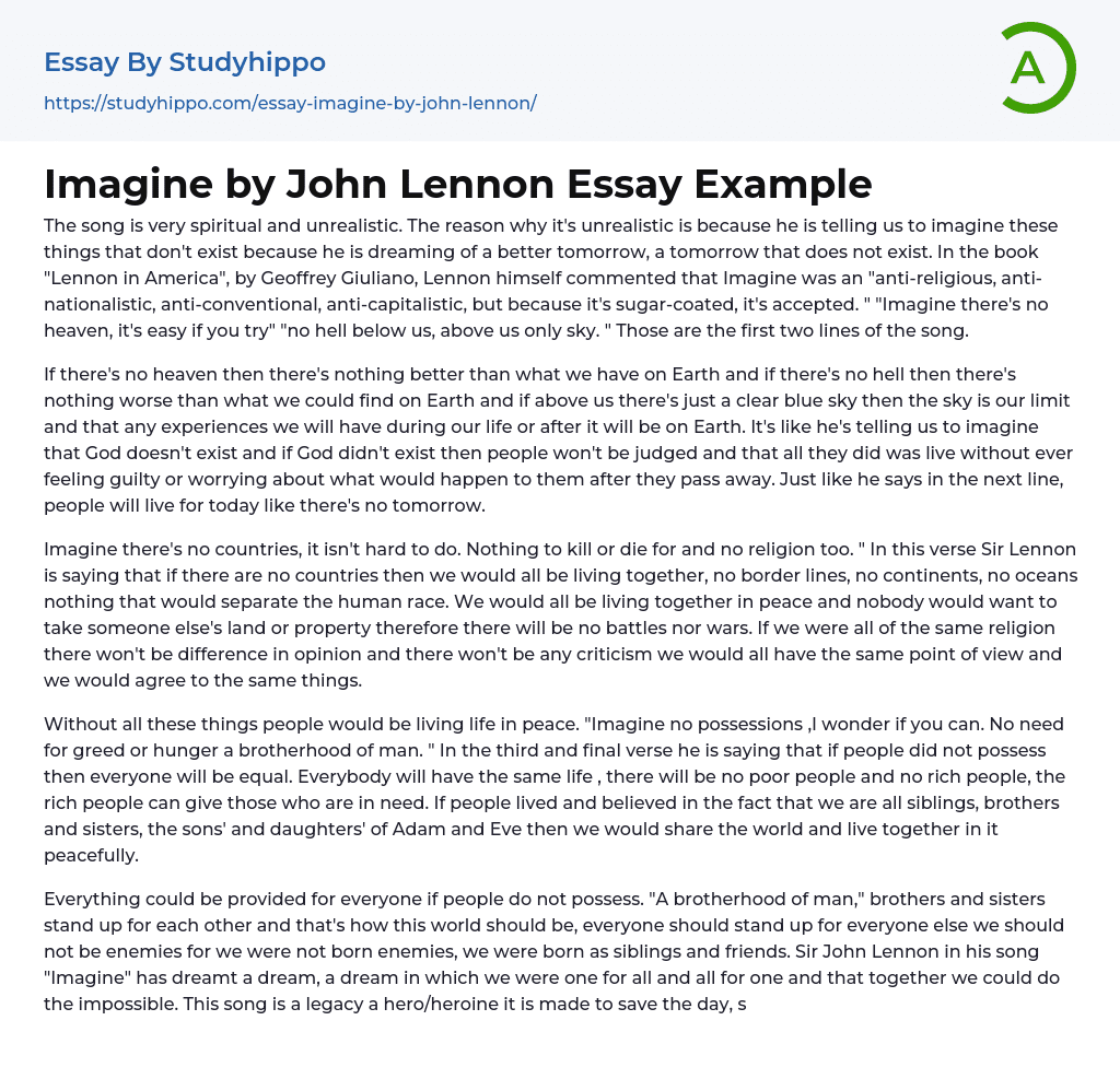 Imagine by John Lennon Essay Example