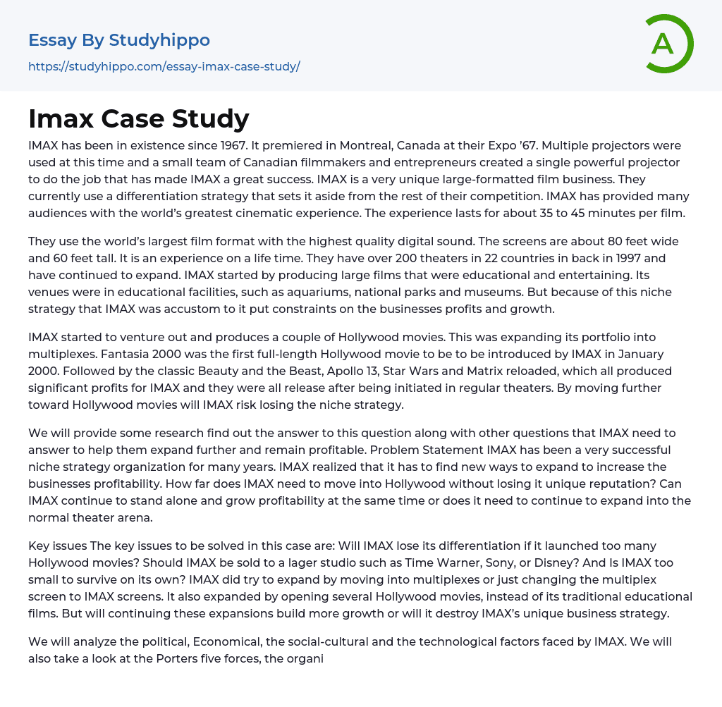 Imax Case Study Essay Example