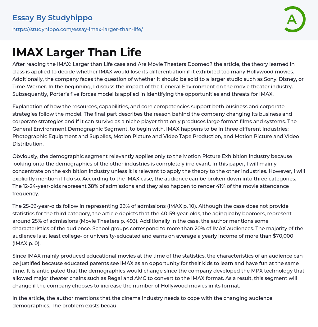 IMAX Larger Than Life Essay Example