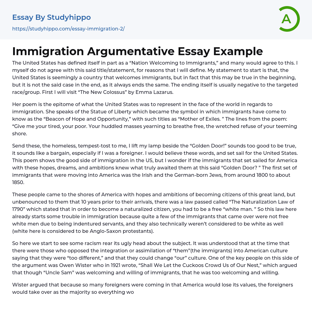 Immigration Argumentative Essay Example