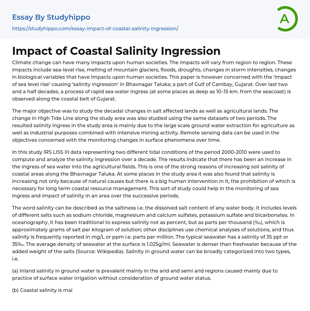 Impact of Coastal Salinity Ingression Essay Example
