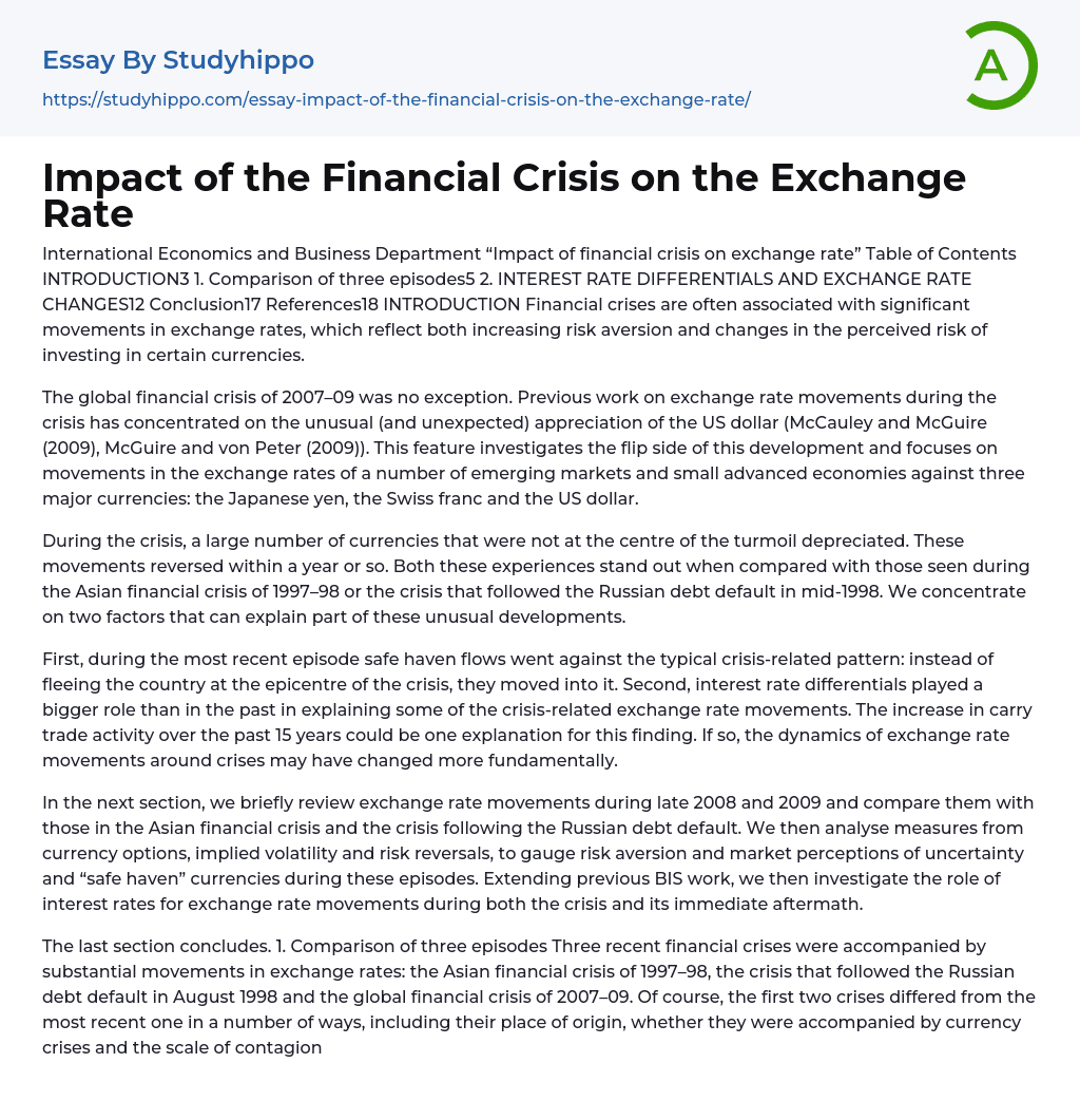 Impact of the Financial Crisis on the Exchange Rate Essay Example
