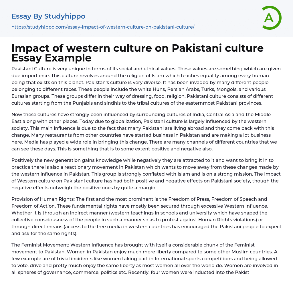 Impact of western culture on Pakistani culture Essay Example