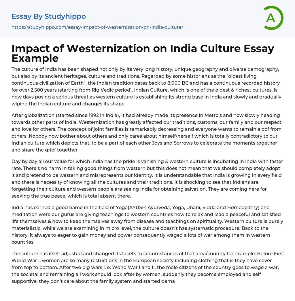 Impact of Westernization on India Culture Essay Example