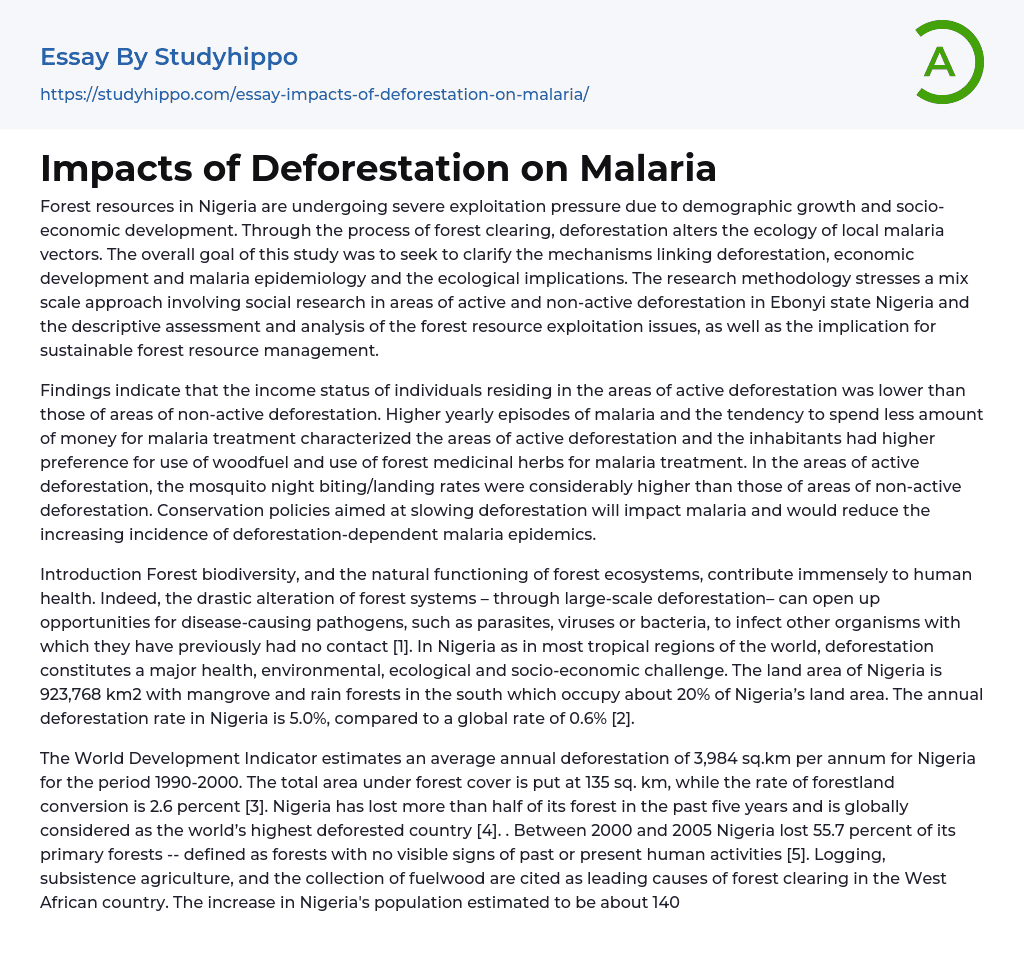 Impacts of Deforestation on Malaria Essay Example