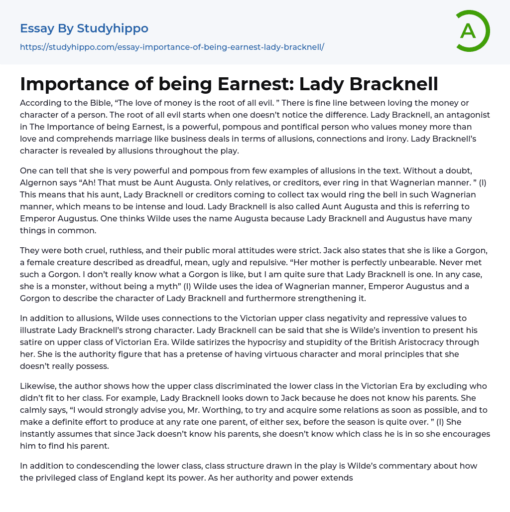 Importance of being Earnest: Lady Bracknell Essay Example