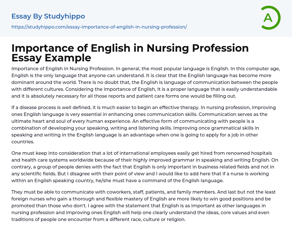 Importance of English in Nursing Profession Essay Example