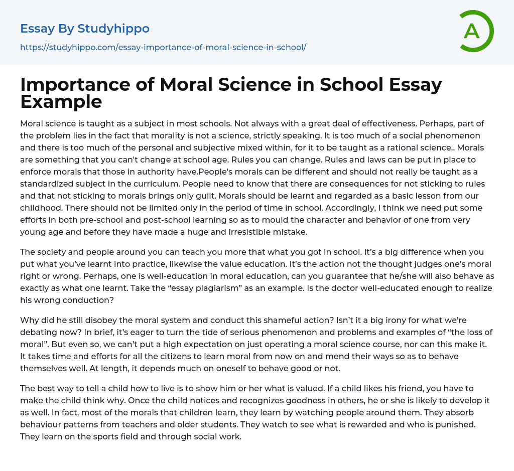 Importance Of Moral Science In School Essay Example StudyHippo