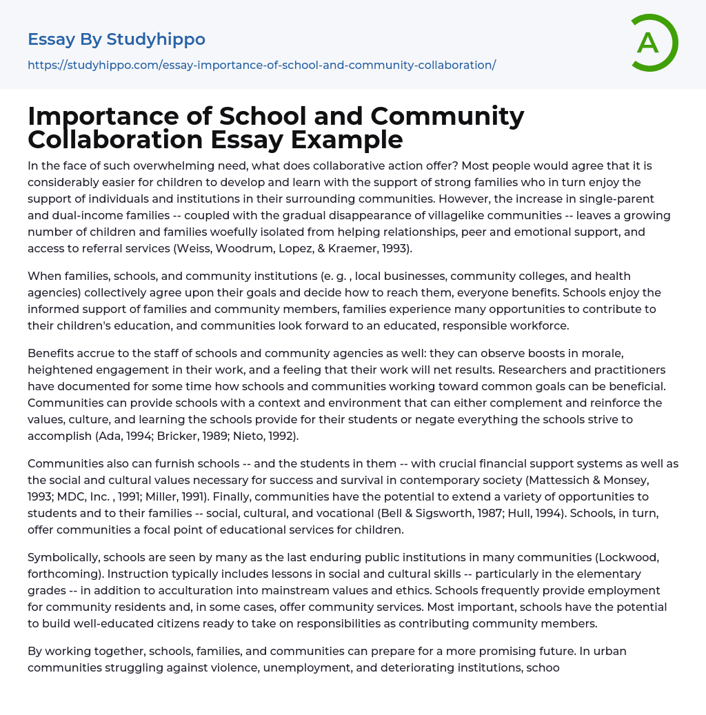 Importance of School and Community Collaboration Essay Example