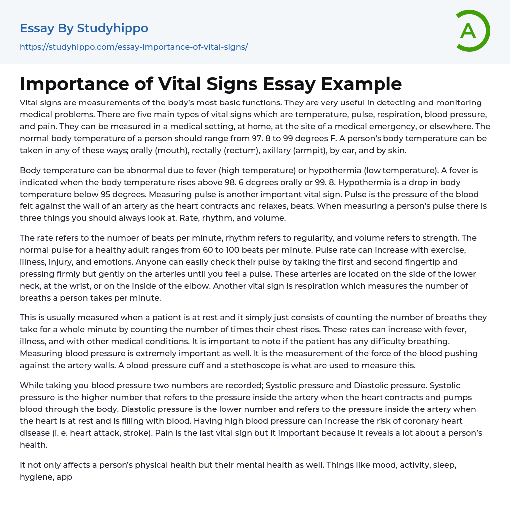 Importance of Vital Signs Essay Example