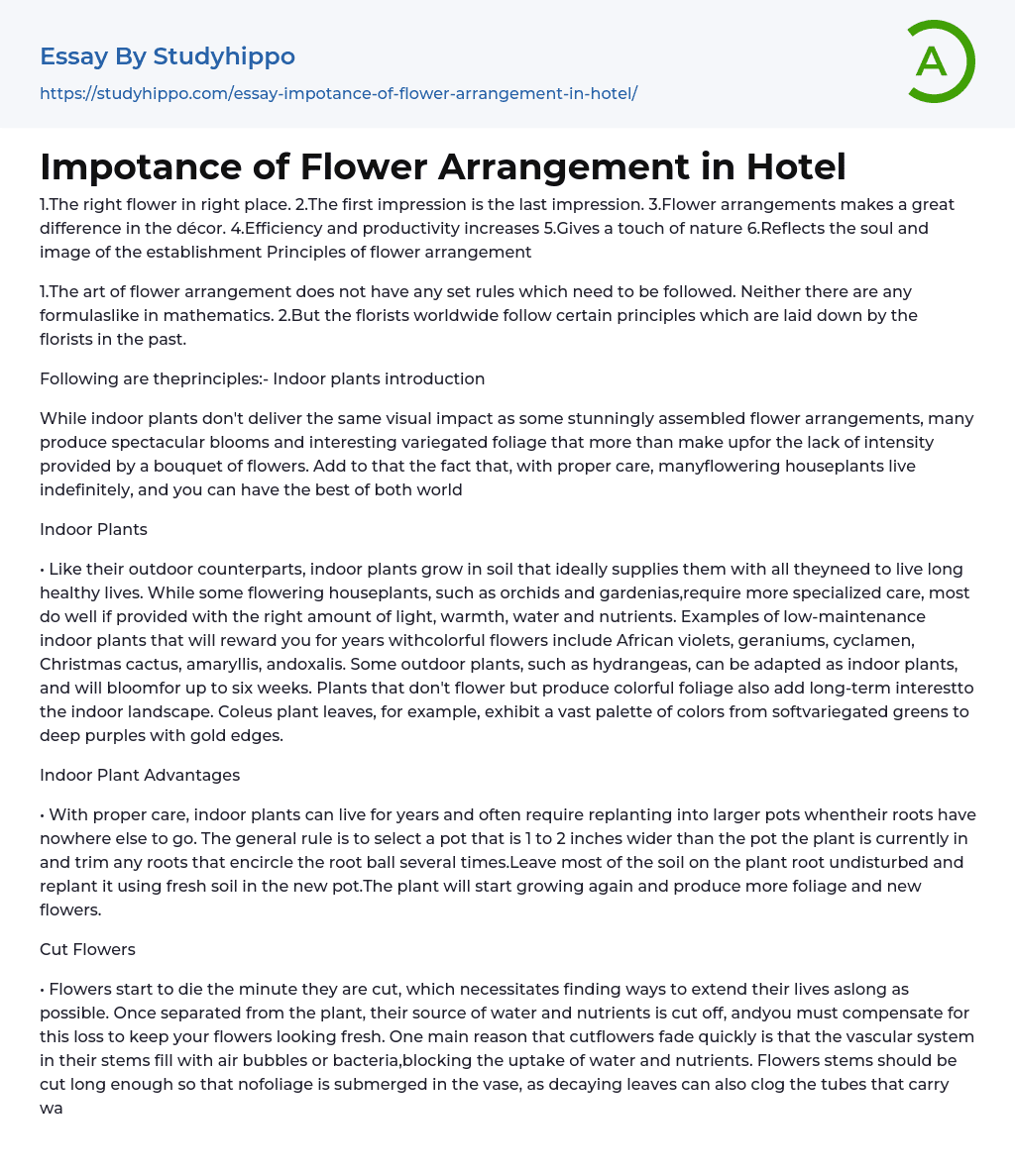 Impotance of Flower Arrangement in Hotel Essay Example