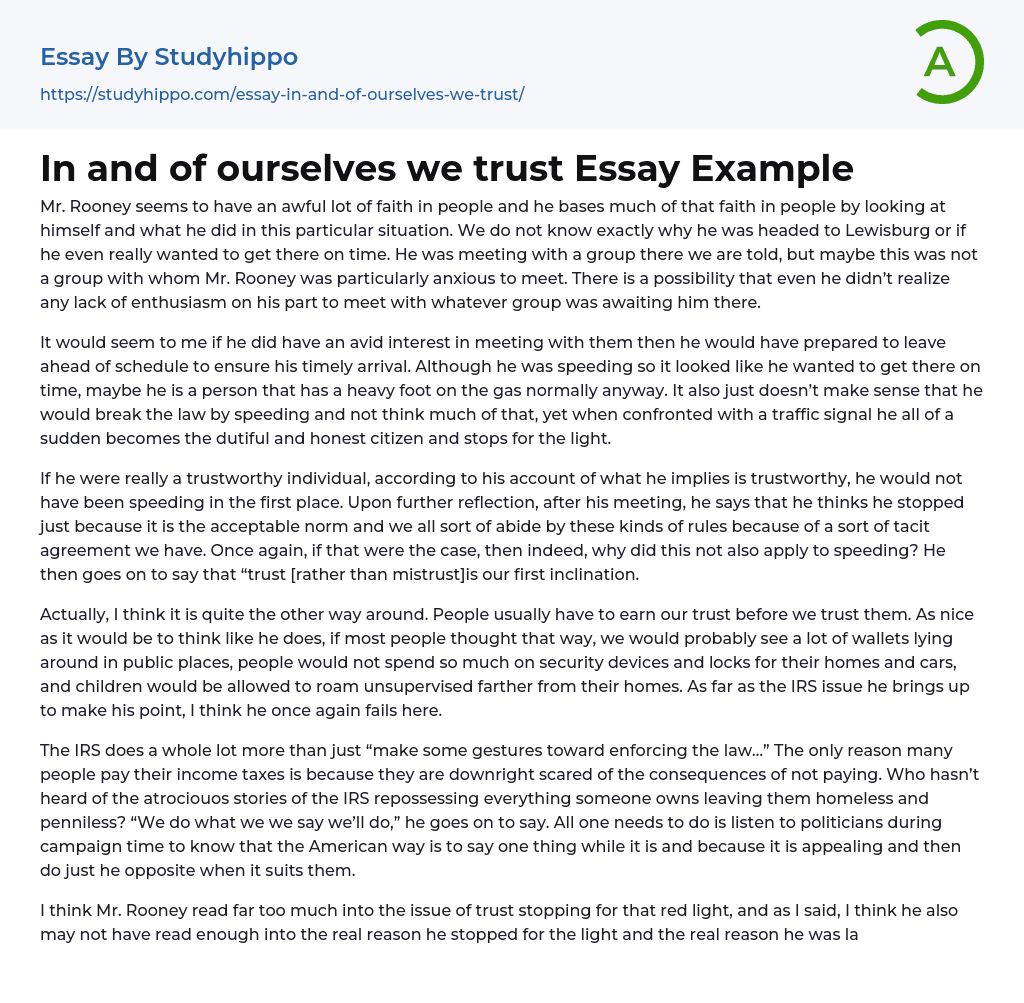 In and of ourselves we trust Essay Example