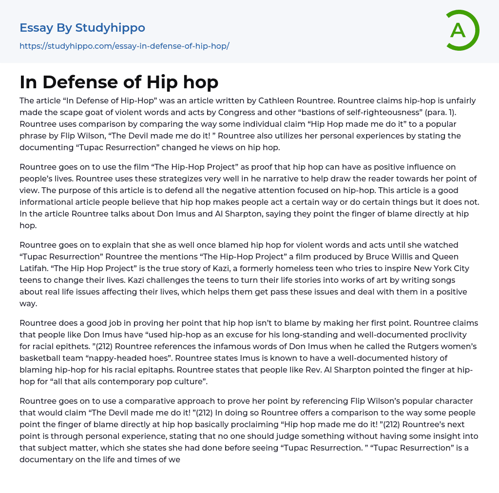 In Defense of Hip hop Essay Example