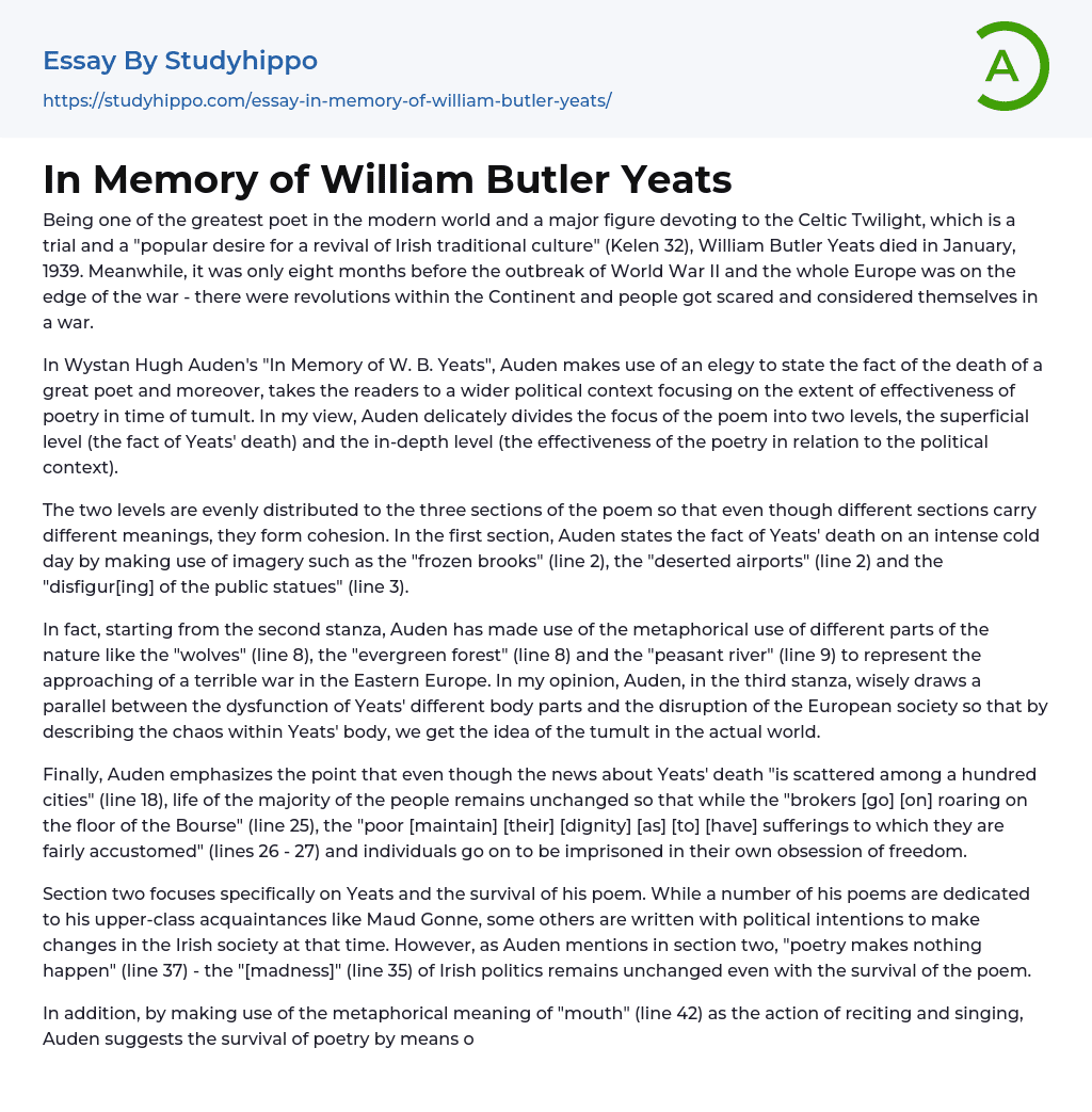 In Memory of William Butler Yeats Essay Example