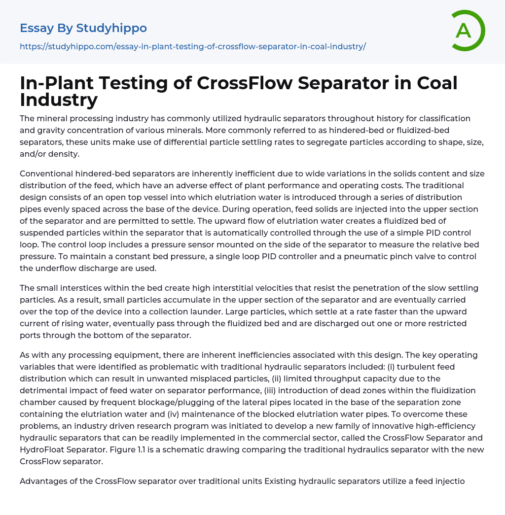 In-Plant Testing of CrossFlow Separator in Coal Industry Essay Example