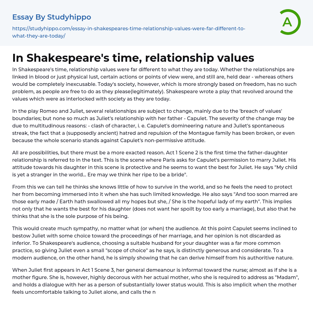 In Shakespeare’s time, relationship values Essay Example