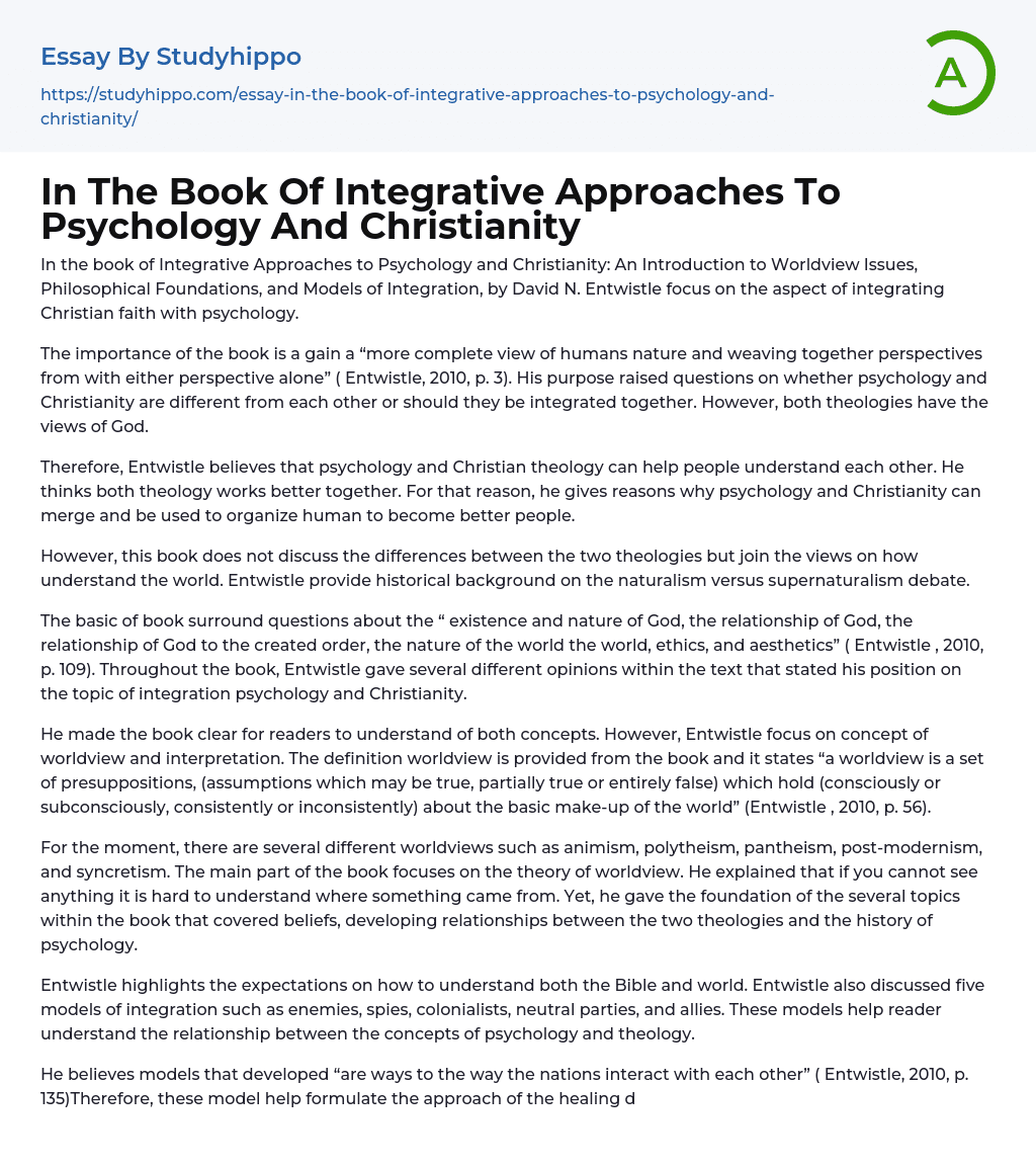 In The Book Of Integrative Approaches To Psychology And Christianity Essay Example