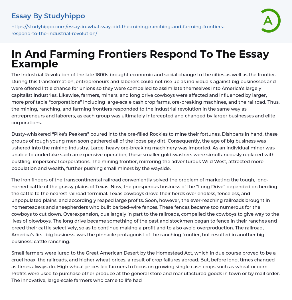 In And Farming Frontiers Respond To The Essay Example