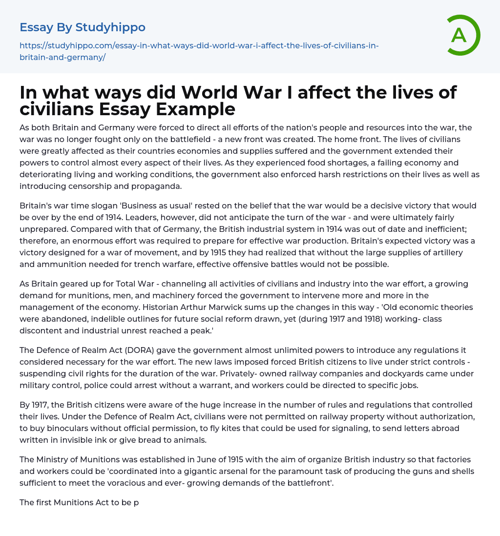 In what ways did World War I affect the lives of civilians Essay Example